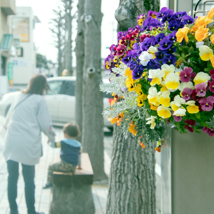 花越しにお母さんと子どもが手をつないでいる様子